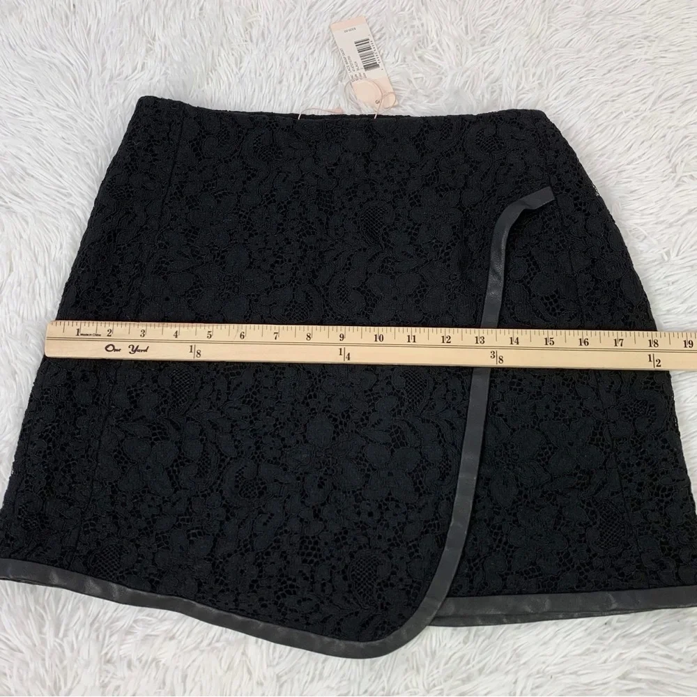 Rebecca Taylor black Lace faux Wrap mini Skirt with leather trim‎